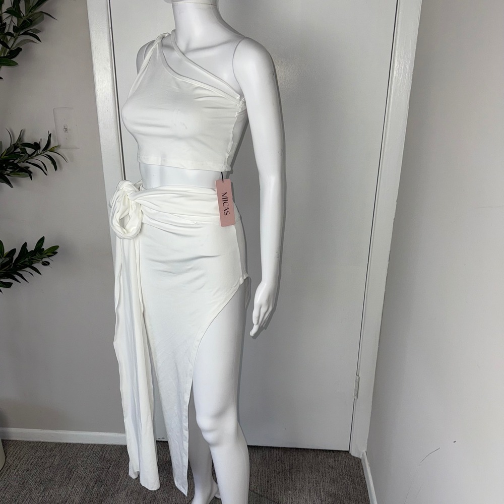 Micas White One Shoulder Crop Top & Tie Skirt Set Slit Sexy Party size M